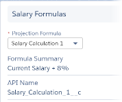 Screenshot showing the Salary Formulas section, with the summary and API Name of the formula selected in the Projection Formula field